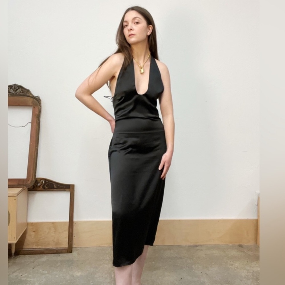 Jason Wu Black Satin Halter Plunge Backless Dress Small NWOT